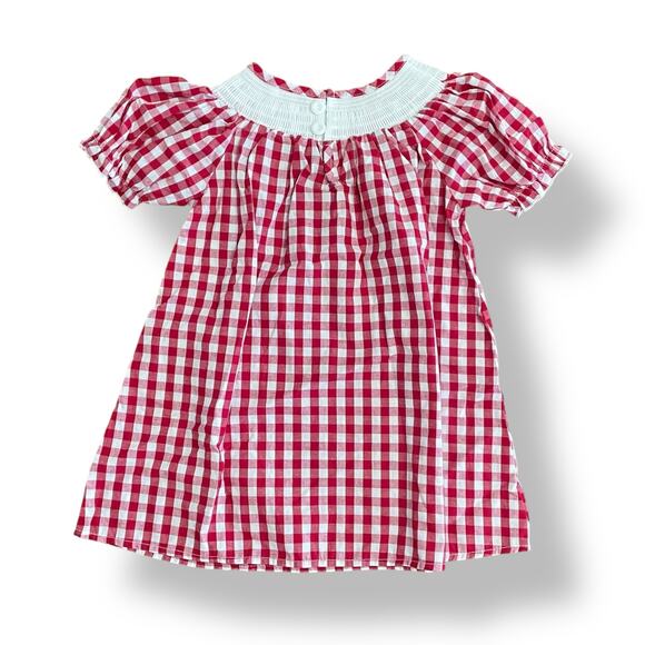 Girls nwot 3T Red Gingham Smocked Christmas Dress Embroidered Trees Puff Sleeve - Picture 6 of 6